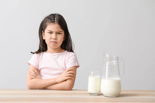 Cute Asian Girl Dairy Allergy Light Background — Stock Photo, Image