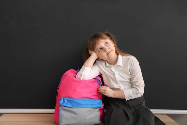 Thoughtful Little Schoolgirl Blackboard Classroom — Stock Photo, Image