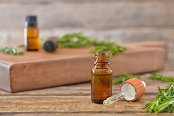 Bottle Rosemary Essential Oil Table — Stock Photo, Image