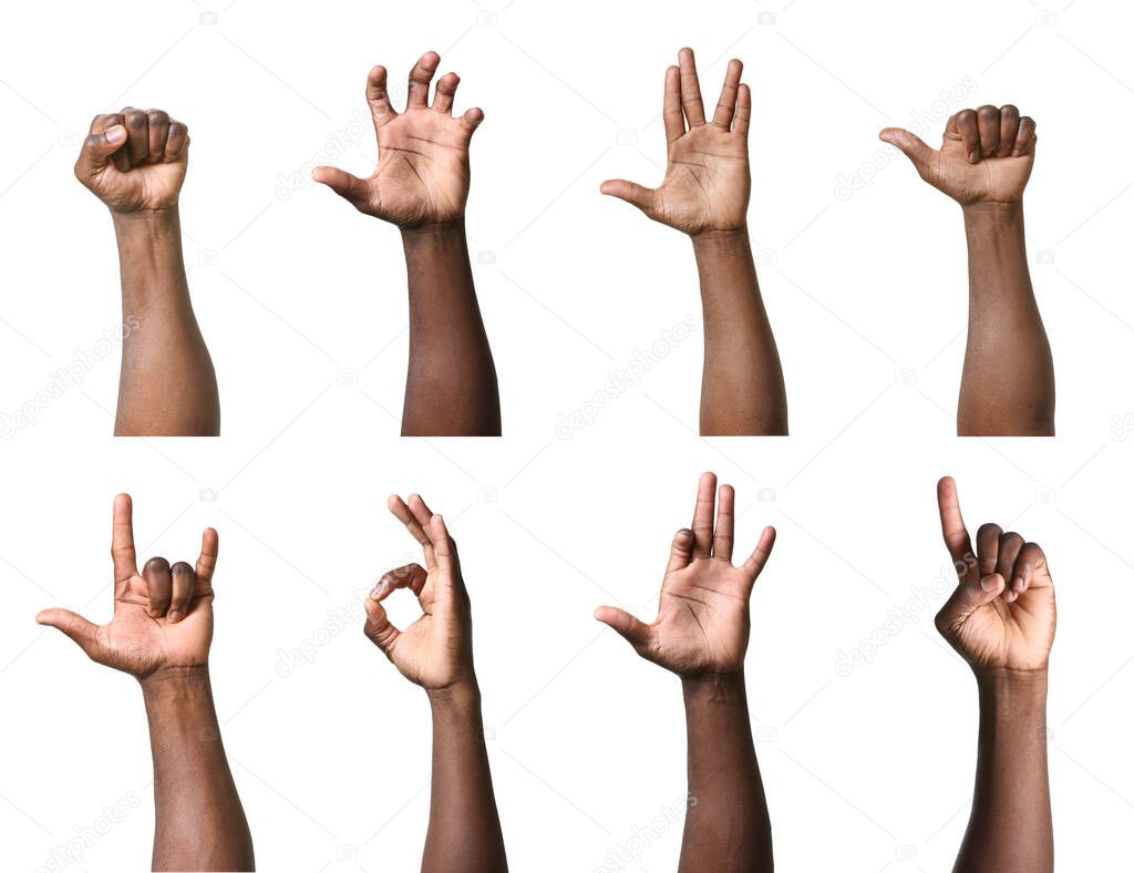 Gesturing hands of African-American men on white background