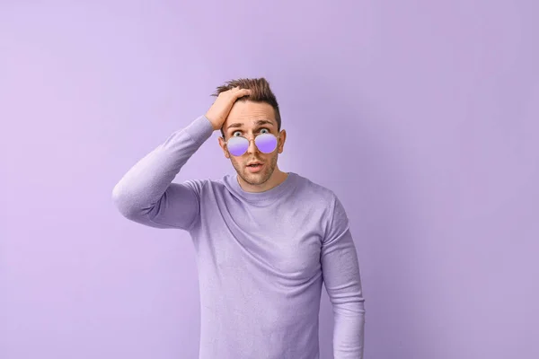 Surprised Man Stylish Sunglasses Color Background — Stock Photo, Image