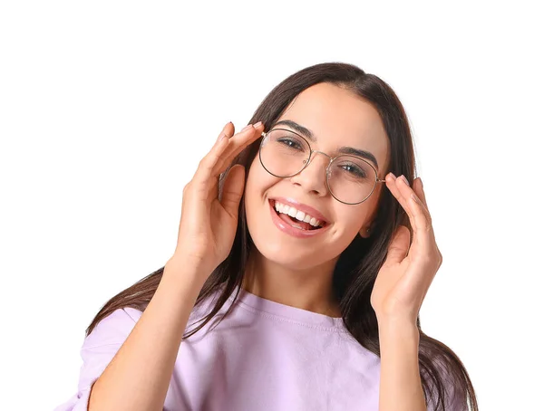 Junge Frau Mit Stylischer Brille Auf Weißem Hintergrund — Stockfoto