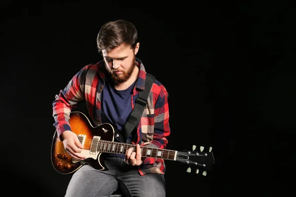 Young Man Playing Guitar Dark Background — Stock Photo, Image