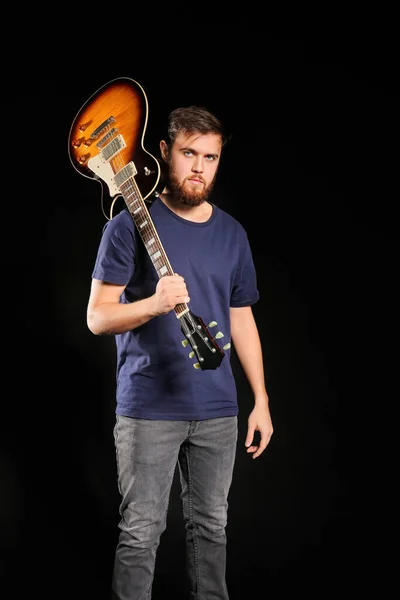 Young Man Guitar Dark Background — Stock Photo, Image
