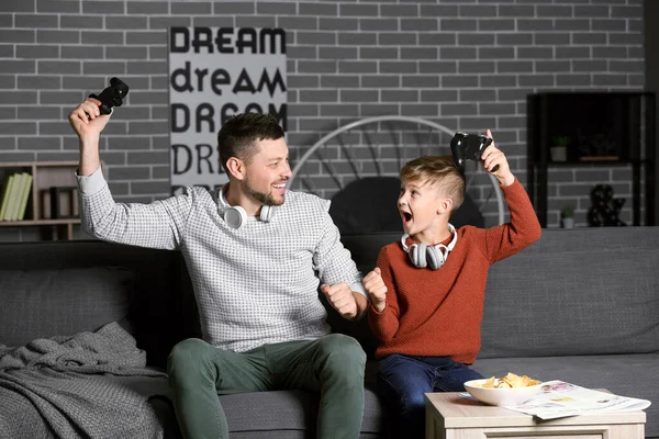 Father His Little Son Playing Video Games Home Evening — Stock Photo, Image