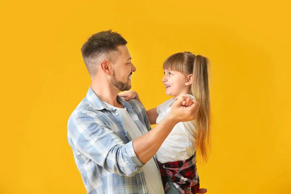 Father His Little Daughter Dancing Color Background — 스톡 사진