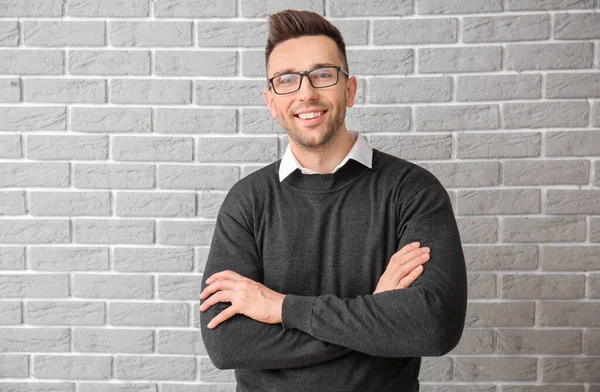 Portrait Handsome Young Man Grey Brick Background — Stock Photo, Image