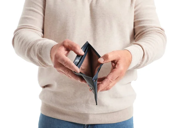 Älterer Mann Mit Leerer Handtasche Auf Weißem Hintergrund Nahaufnahme — Stockfoto