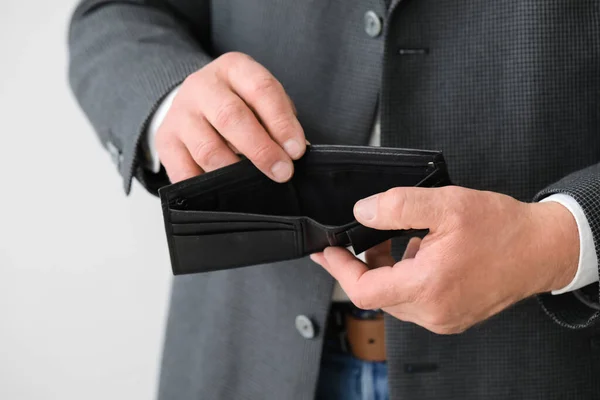 Senior Businessman Empty Purse Light Background Closeup — Stock Photo, Image