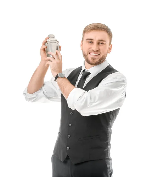 Knappe Mannelijke Barman Witte Achtergrond — Stockfoto
