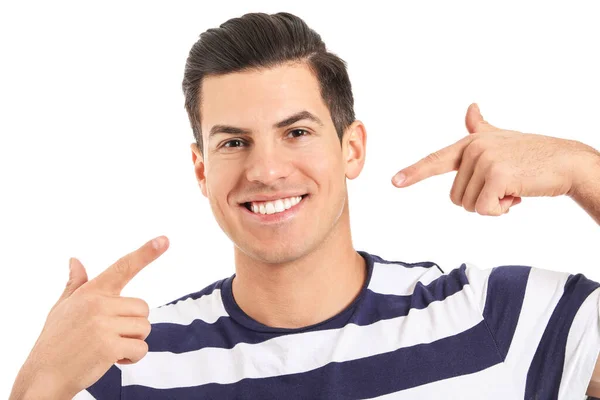 Hombre Joven Con Dientes Sanos Sobre Fondo Blanco —  Fotos de Stock