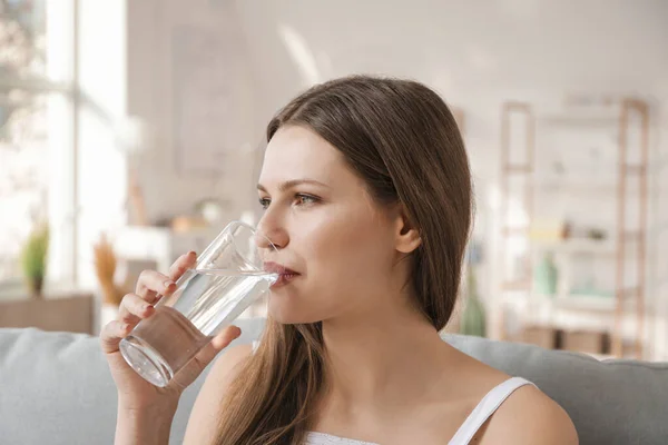 Beautiful Young Woman Drinking Water Home — Stock Photo, Image