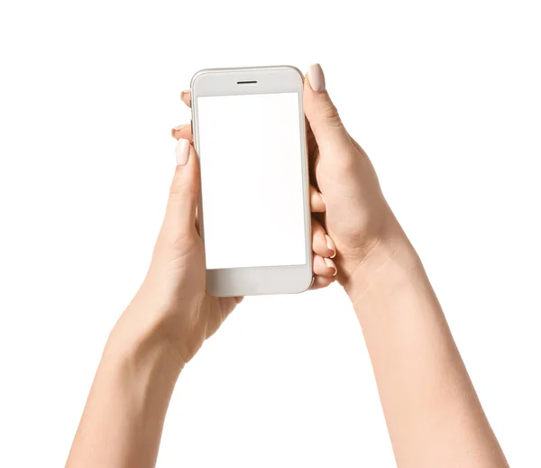 Female Hands Mobile Phone White Background — Stock Photo, Image