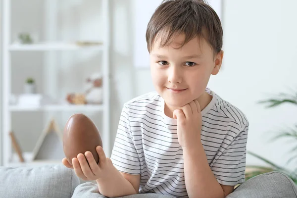 Cute Little Boy Sweet Chocolate Egg Home — Stock Photo, Image