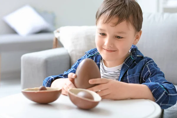 Cute Little Boy Sweet Chocolate Eggs Home — Stock Photo, Image