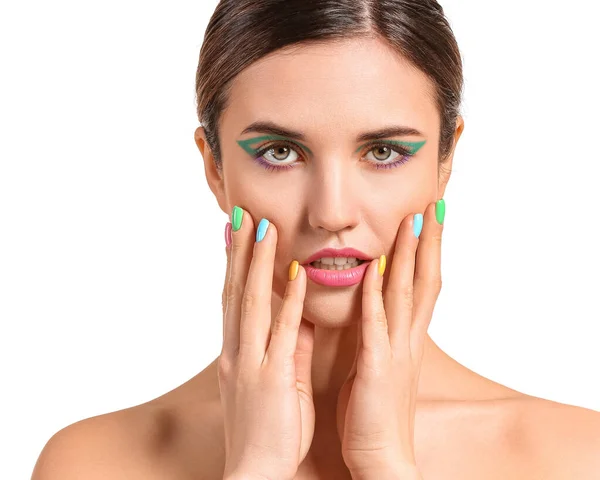 Mujer Joven Con Hermosa Manicura Sobre Fondo Blanco — Foto de Stock