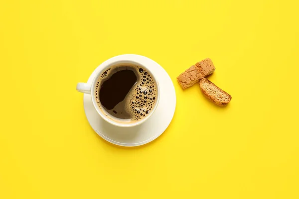 Cup Hot Coffee Cookies Color Background — Stock Photo, Image