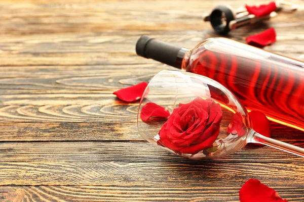 Bottle Wine Glass Rose Petals Wooden Table — Stock Photo, Image