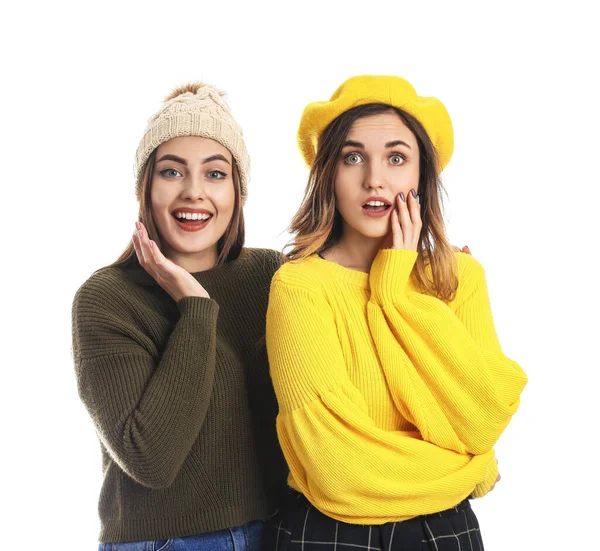 Young Women Warm Sweaters White Background — Stock Photo, Image
