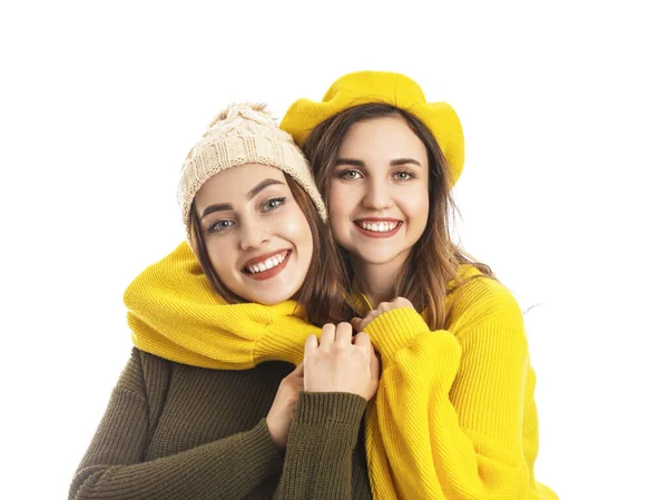 Young Women Warm Sweaters White Background — Stock Photo, Image