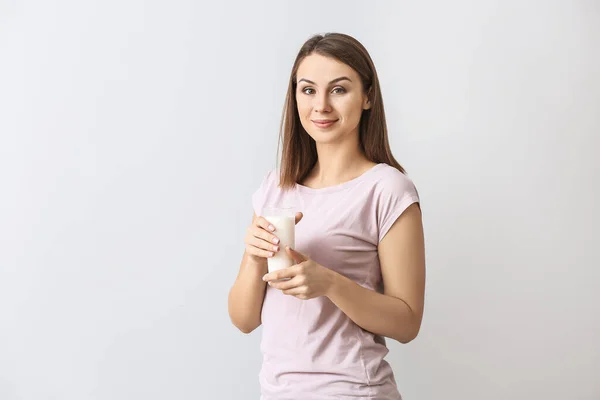 Beautiful Young Woman Glass Milk Light Background — Stock Photo, Image