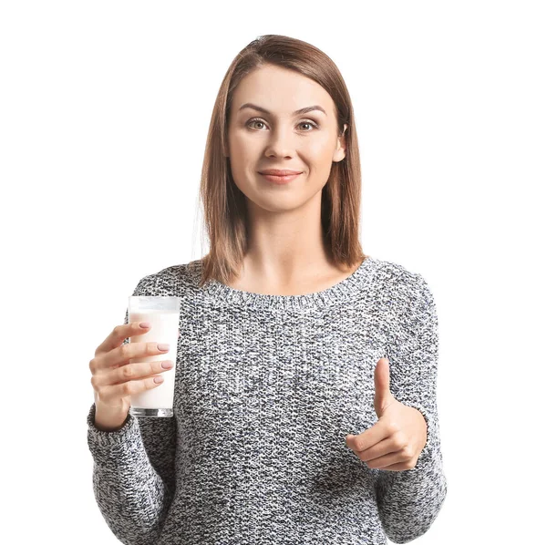 Beautiful Young Woman Glass Milk Showing Thumb White Background — Stock Photo, Image