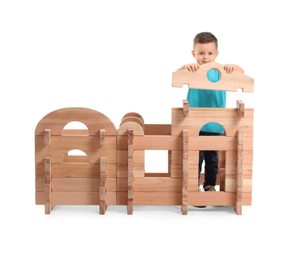 Little Boy Playing Take Apart House White Background — Stock Photo, Image