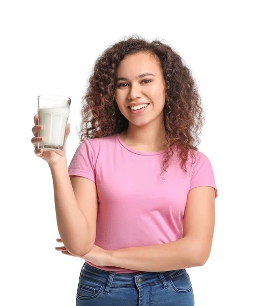 Young African American Woman Milk White Background — Stock Photo, Image