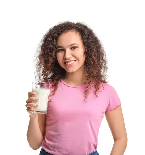 Young African American Woman Milk White Background — Stock Photo, Image