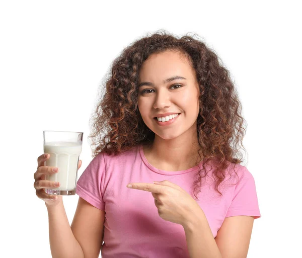 Young African American Woman Milk White Background — Stock Photo, Image