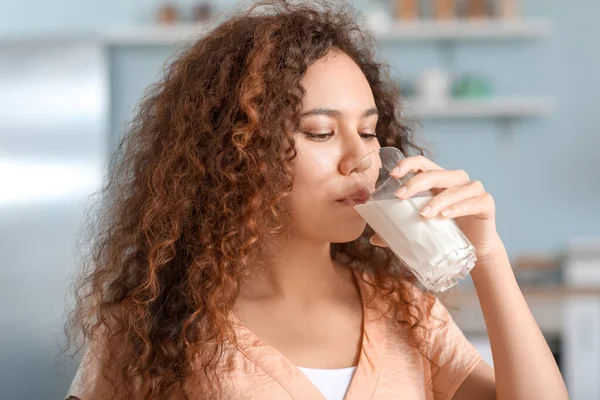 Young African American Woman Drinking Milk Kitchen — Stock Photo, Image
