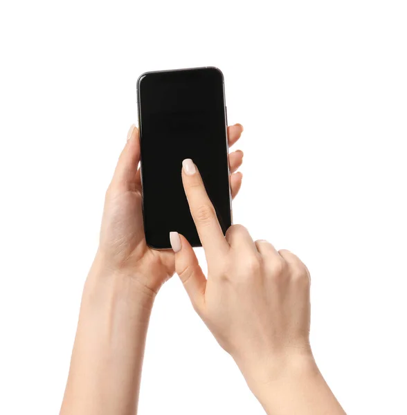 Женские Руки Мобильным Телефоном Белом Фоне — стоковое фото
