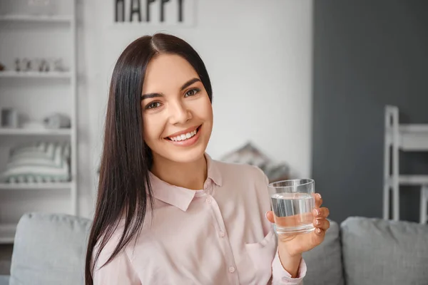 Beautiful Young Woman Drinking Water Home — Stock Photo, Image