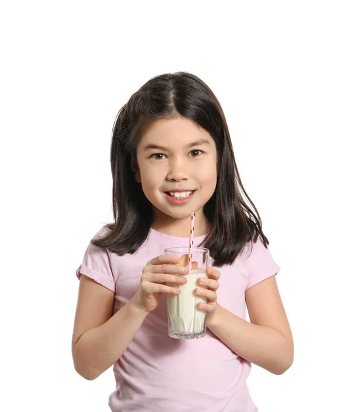 Cute Asian Girl Milk White Background — Stock Photo, Image