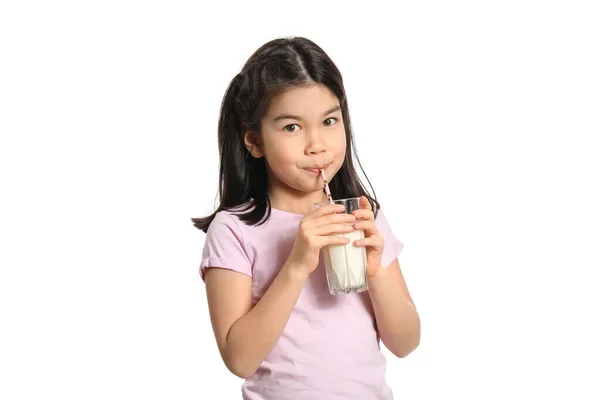 Cute Asian Girl Milk White Background — Stock Photo, Image