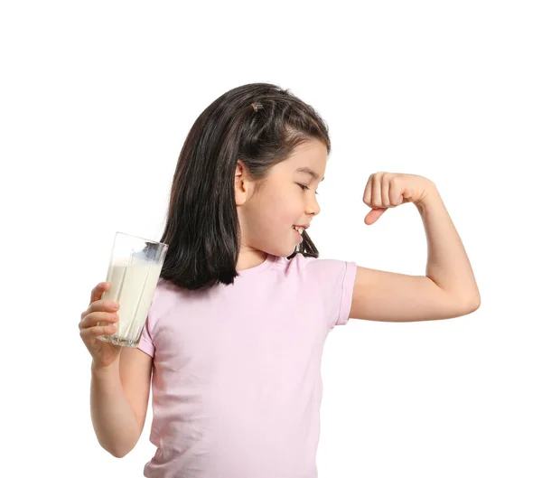 Cute Asian Girl Milk White Background — Stock Photo, Image