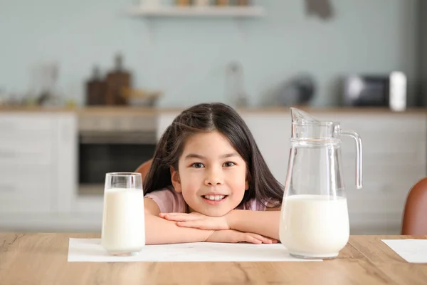 Cute Asian Girl Milk Home — Stock Photo, Image