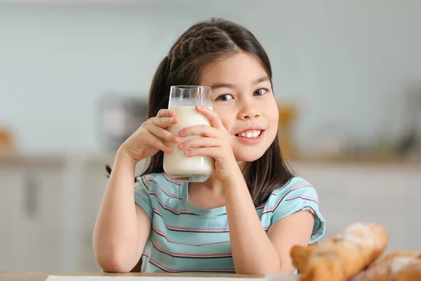 Cute Asian Girl Milk Home — Stock Photo, Image