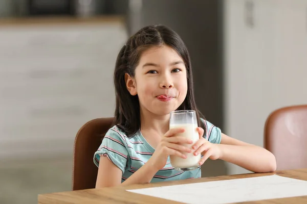 Cute Asian Girl Milk Home — Stock Photo, Image