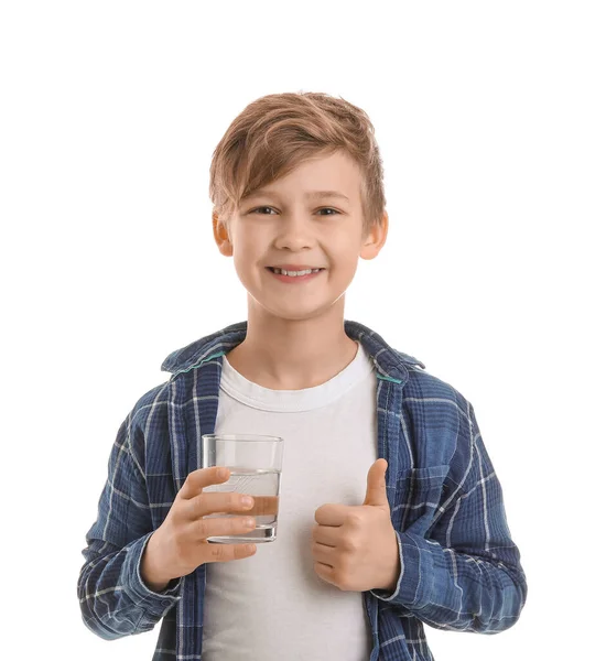 Cute Little Boy Glass Water Showing Thumb White Background — Stock Photo, Image