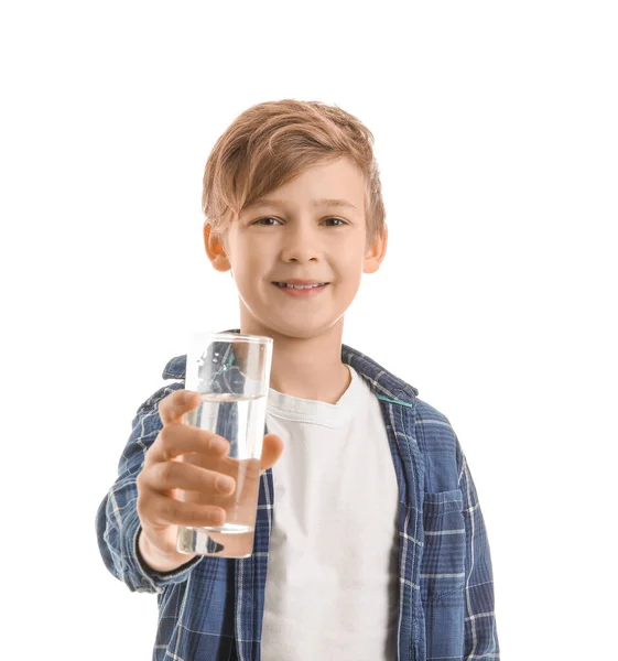 Menino Bonito Com Vidro Água Fundo Branco — Fotografia de Stock