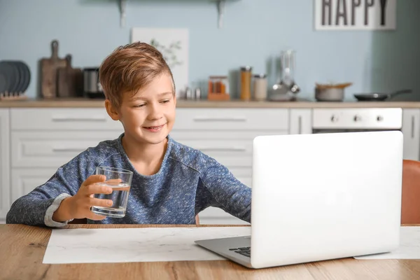 Cute Little Boy Laptop Drinking Water Home — Stock Photo, Image