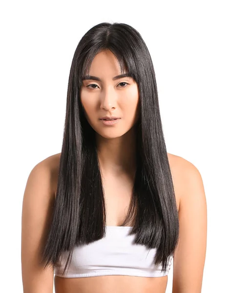 Young Asian Woman Beautiful Long Hair White Background — Stock Photo, Image