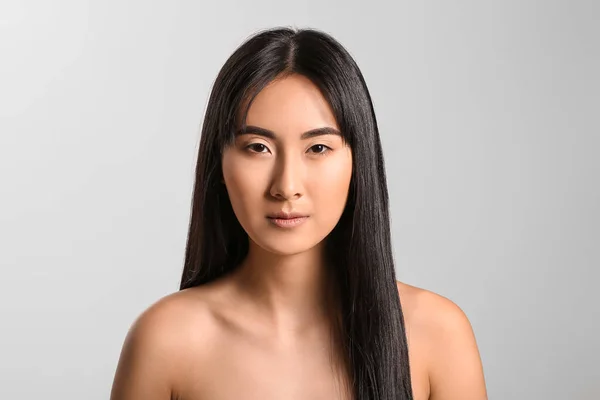 Young Asian Woman Beautiful Long Hair Grey Background — Stock Photo, Image