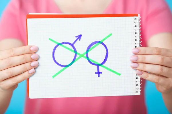 Girl Holding Notebook Crossed Symbols Man Woman Concept Transgender — Stock Photo, Image