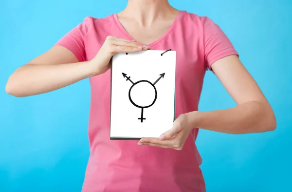 Woman Holding Notebook Drawn Symbol Transgender Color Background — Stock Photo, Image