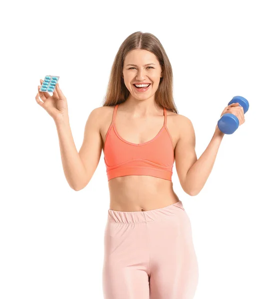 Young Woman Weight Loss Pills Dumbbell White Background — Stock Photo, Image