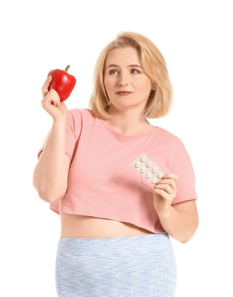 Woman Weight Loss Pills Pepper White Background — Stock Photo, Image