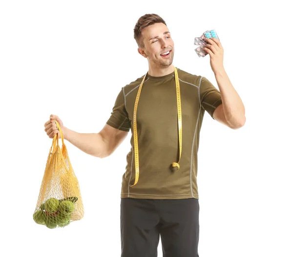 Jeune Homme Avec Des Pilules Perte Poids Des Aliments Sains — Photo