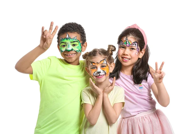 Crianças Engraçadas Com Pintura Facial Fundo Branco — Fotografia de Stock